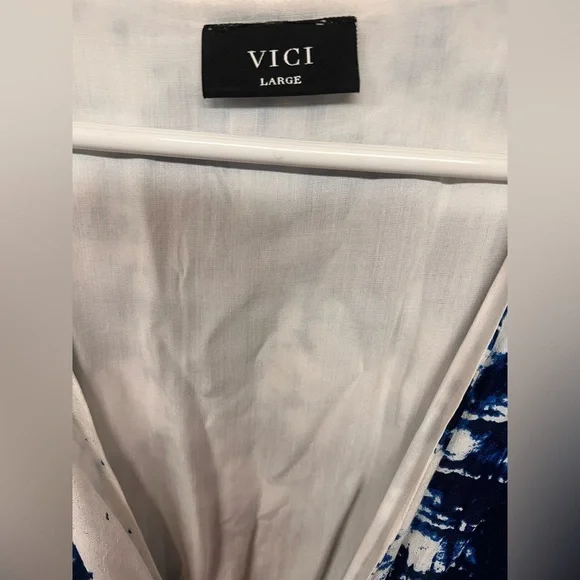 VICI Blue & White Asymmetrical Ruffle Front Tie Maxi Dress | Size Large - Picture 6 of 6